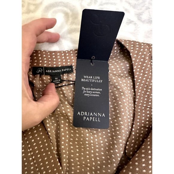 $78 NWT Adrianna Papell Plus Size 1x Brown Cream Polka Dot Short Sleeve Blouse - Picture 11 of 14